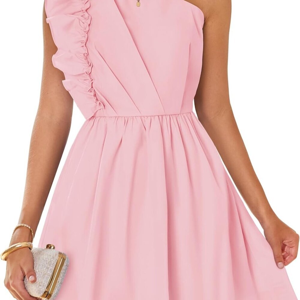 Women's Summer One Shoulder Ruffle Dress Boho Mini Elastic Waist Casual
